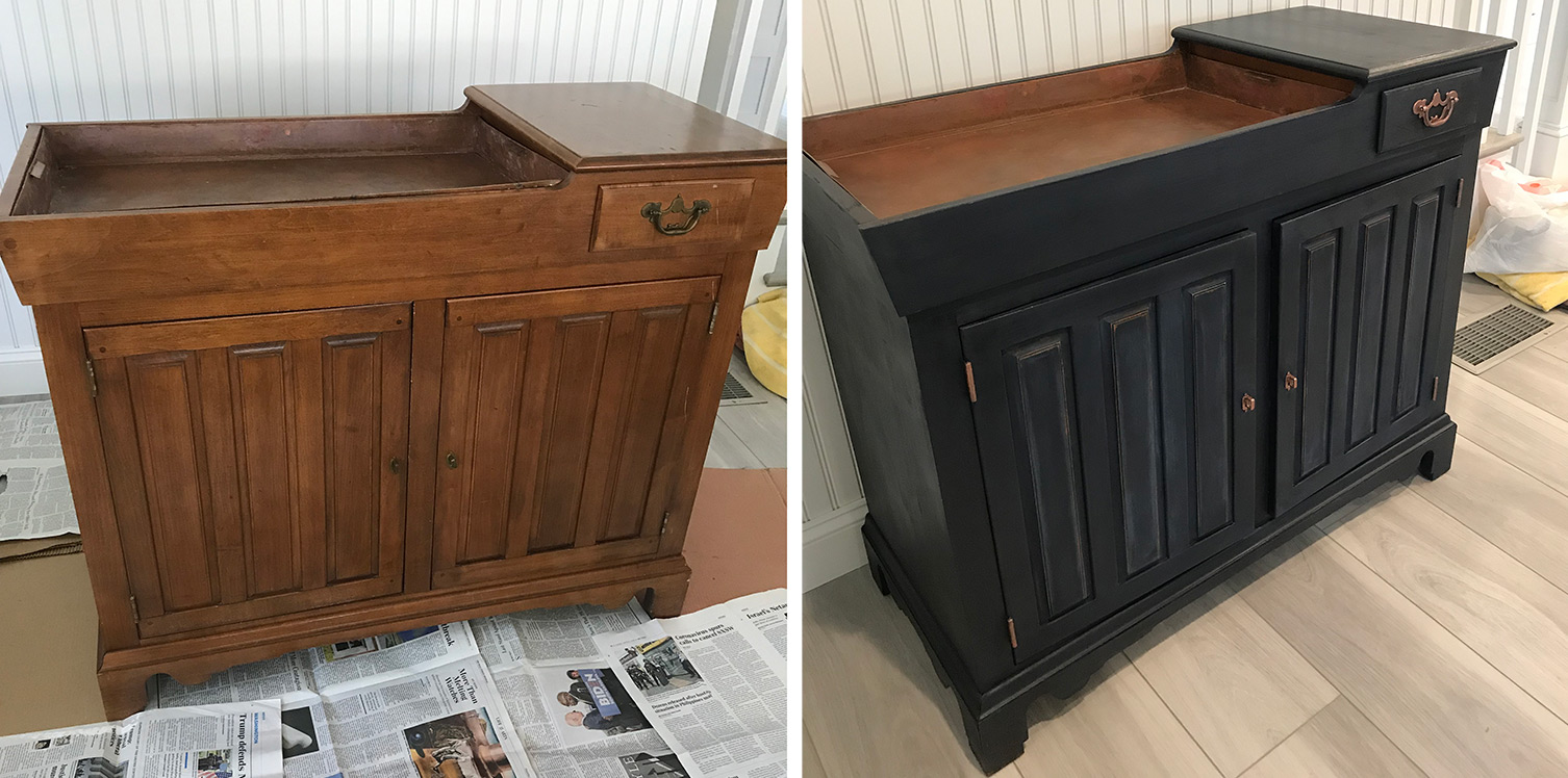 medium brown dry sink bar cabinet painted dark blue/black before and after comparison