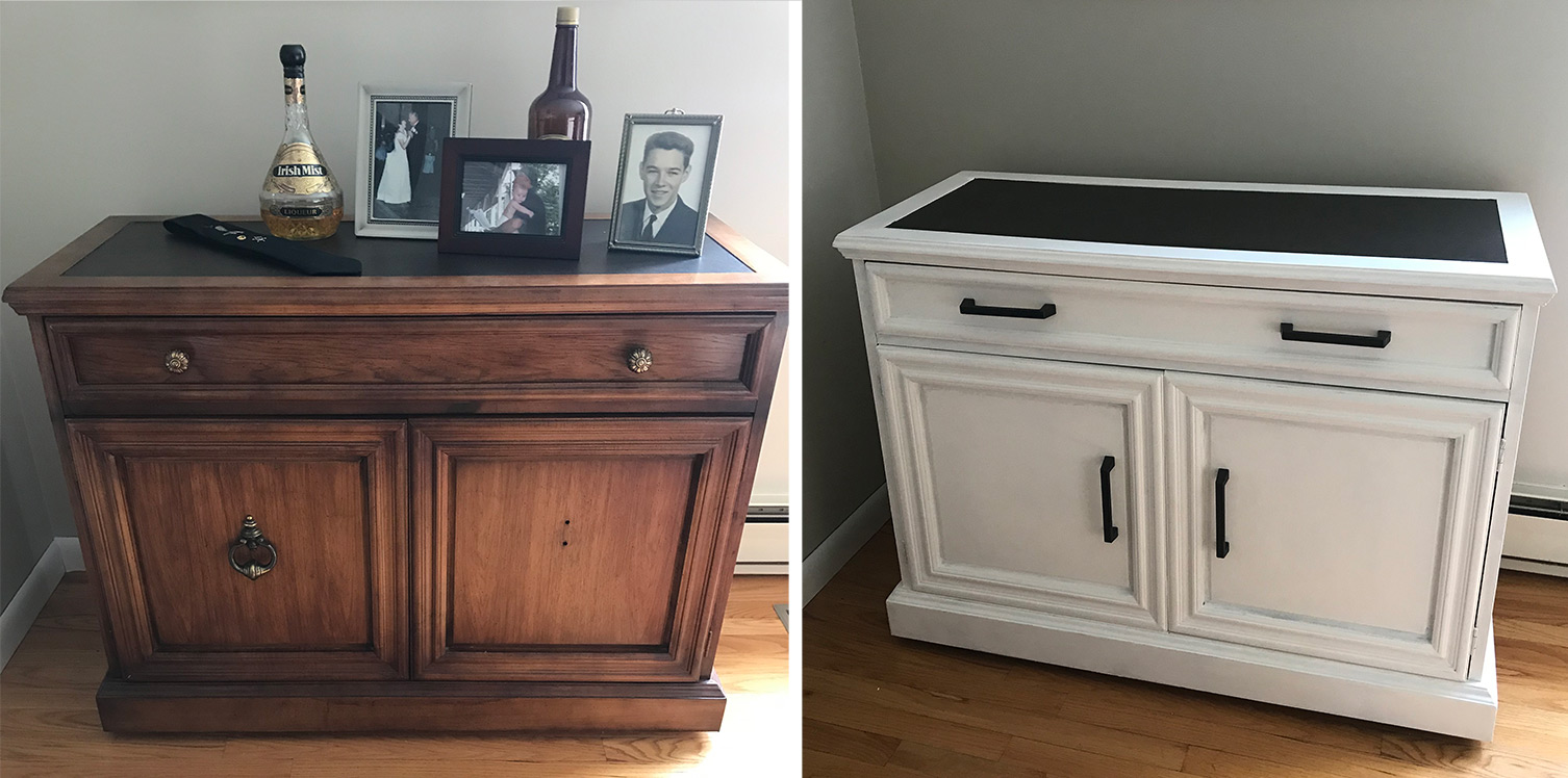 Medium brown bar cart painted pure white before and after comparison