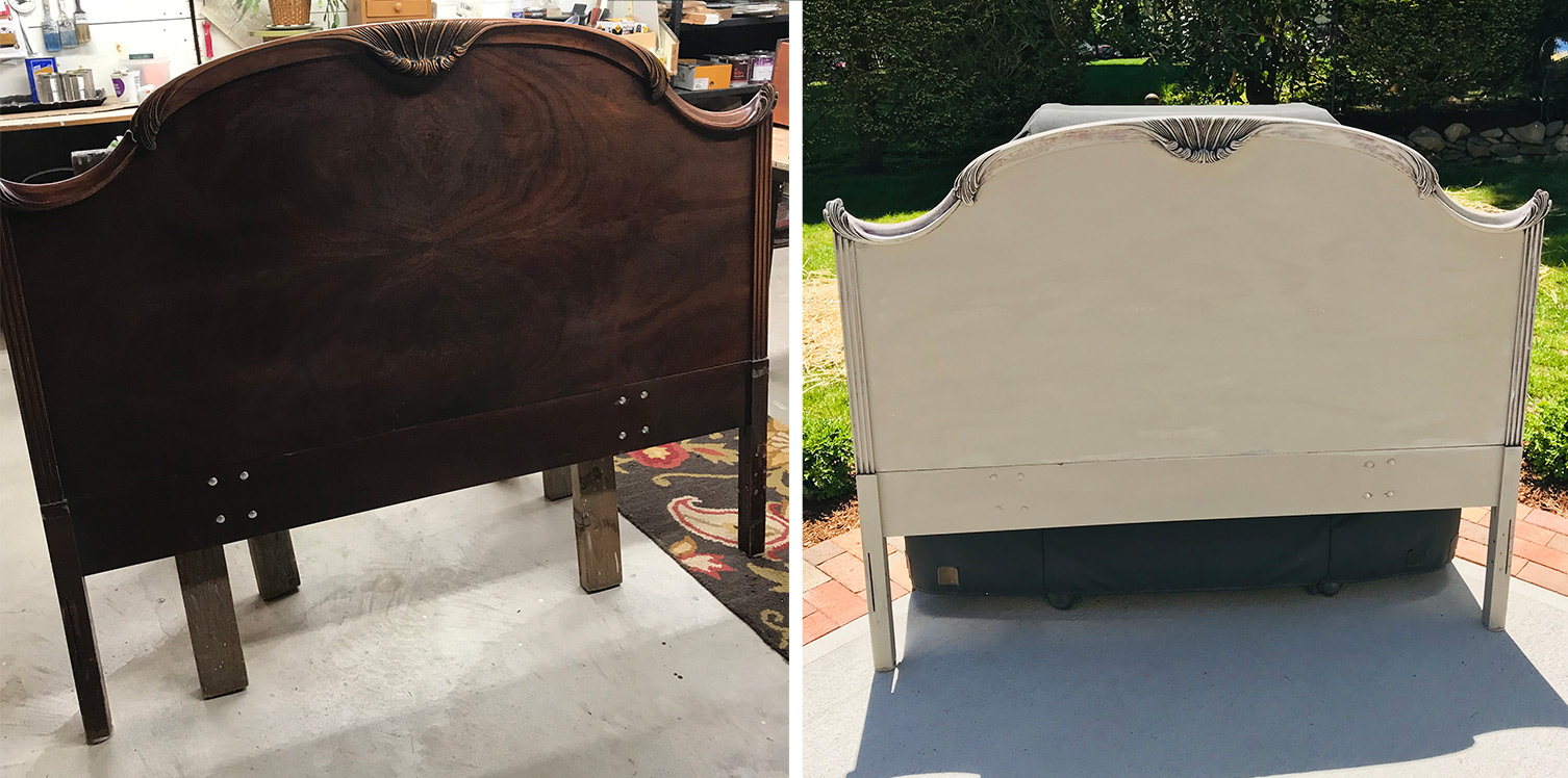 cherry headboard painted a warm white before and after