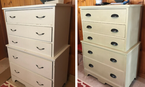 Before: 1950’s vintage bedroom dresser is worn and tired in this Lake George cottage.
After: Restyled with new paint color Versailles and pull caps hardware adds design style, color and modern rustic elements to this bedroom. worn bedroom dresser painted warm off-white and new black hardware before and after comparison