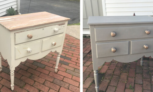 Before: 1960’s chest has great detail and functionality for a Lake house guest room in Brimfield, MA.
After: Keep it Neutral! Let your furniture relax with soft brownish-gray paint and mixed silver/golf metallic waxes to brighten the wooden knobs. old scratched up chest of drawers painted warm gray with silver/gold metallic knobs before and after comparison