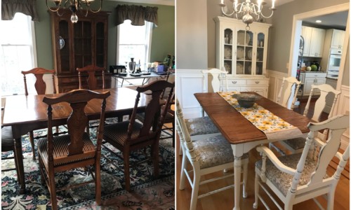 A 1980's Pennsylvania House oak dining room set. This table has been sanded, stained a new color and sealed with poly coat for protection. The table base has been chalk painted in Olde White, lightly distressed, and sealed with clear wax for protection.
