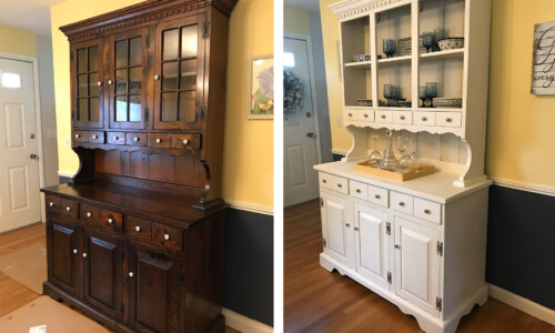 Before: The motivation for this project was a family wedding so this dining room was a good place to start. This 1980’s Bennington Hutch is dark and heavy in this open concept dining room kitchen space in Ludlow, Ma. The opposite wall features a country pine sideboard with dark red drawers.
After: Quite the transformation! The exterior has been painted a soft white, and interior walls painted in Old Ochre. Removing the upper doors gives this piece more visual interest and a perfect place to stage the collection of Polish pottery. The hardware has been updated with soft gold metallic wax. dark brown hutch painted white and refinished before and after comparison