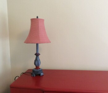 Restyled lamp painted Emperor's Silk and Old Violet. Great contrast with walls and bedroom.