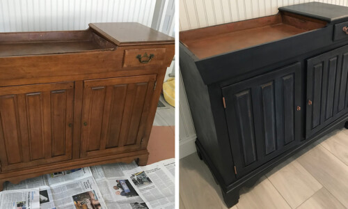 Before: The dry sink will function as a bar in the family room and will highlight the copper tray insert.
After: Painted Oxford Blue by Annie Sloan, this rich indigo blue added character against the bead board wall. The hardware was updated with copper metallic wax to match the copper tray. Ready for cocktail hour! medium brown dry sink bar cabinet painted dark blue/black before and after comparison