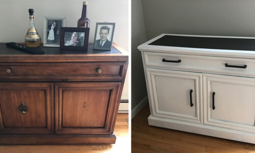 Before: Bar Cart. This mid-century meets Mediterranean cabinet with a leather surface functions as a bar cart in this dining room. Over the winter the room was repainted, staged with new and existing accessories, now this piece needs some updating.
After: Bar Cart Cabinet was Painted a pure white which brings out the leather surface top which complements the new hardware finished in dark bronze. Transitional design style gives it a whole new vibe. Medium brown bar cart painted pure white before and after comparison