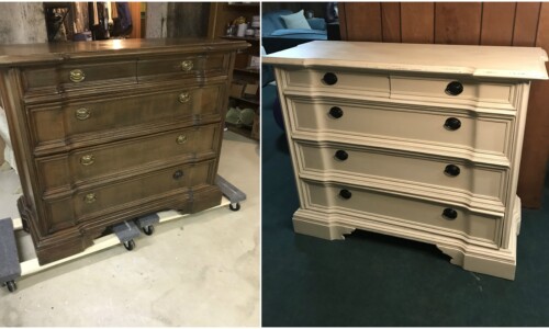 Antique walnut dresser painted with Annie Sloan Chalk Paint in Off-White, lightly sanded, distressed, and sealed with clear wax. Original hardware pulls have been refinished with Oil Rubbed Bronze wax and spray.