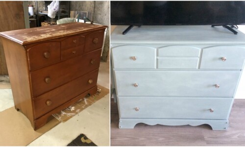 Antique maple dresser painted with Annie Sloan Chalk Paint in Duck Egg Blue and sealed with white wax. New hardware was replaced in a Brush Nickel finish.