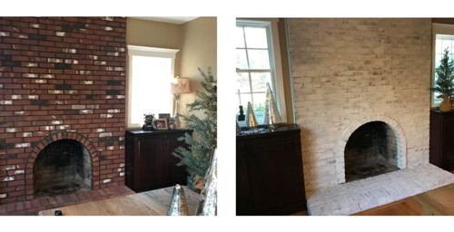 Before: This original Family Room was converted to a dining room creating a a comfortable atmosphere that is a unique blend of traditional, French, and rustic farmhouse styles. The dark brick fireplace was dark and and lacked the neutral rustic style. After: What a transformation! The white-washed brick highlights the wood beams and is the perfect design element for that rustic farmhouse look.