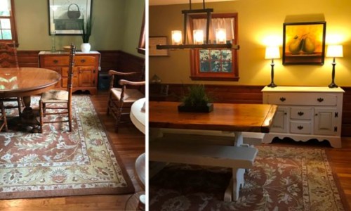 This project was truly a Labor of Love! Clearly an example of how family heirlooms have sentimental value as with this room. With a kitchen renovation in the works this provided me with an opportunity to work with my cousin on transitioning this room to flow with the kitchen. The oval table chairs were swapped out for a Trestle table and benches moved from the kitchen. Next came the labor part! My team came to help with sanding the layers of poly coat on this pine trestle table. Pure sweat equity for sure! Great job Deb Buendo and Cathy Hood! After: The table was sanded and restrained in Special Walnut by Minwax, then applied five poly coat to seal the surface for protection. The hutch base and benches were painted with Annie Sloan chalk paint in Old Ochre lightly distressed and sealed with clear and dark wax for protection. New lighting added texture, color and brightness to the room. Modern Farmhouse lighting was added to match the same fixtures in the kitchen.