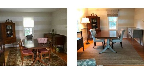 This project is a collaboration of various artists, starting with the handed painted walls which gave us the foundation on the color selection for the window treatments and furniture. The adjoining living room was recently redecorated in soft neutrals of grays, creams, accented with painted pieces and wood stained furniture.