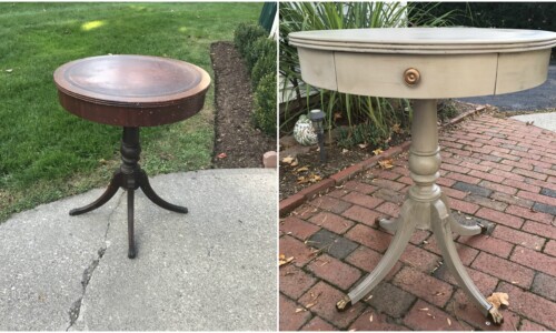 Antique drum table painted with Annie Sloan Chalk Paint in French Linen and sealed with clear and dark wax. Original hardware has been refinished with European Gold metallic wax.