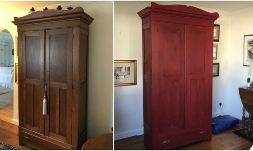 Antique armoire painted with Annie Sloan Chalk Paint in Emperors Silk and sealed with clear and dark wax. Original hardware has been refinished with European Gold metallic wax.