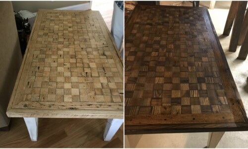 Custom oak parquet coffee table, sanded, and restrained with Miniwax Ebony and clear coated with a poly finish.