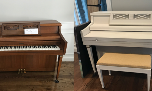 This Vintage Kimball Upright Piano has good bones and sentimental value for this family, as the third generation gets ready to put this beauty to use. The entire cabinet is painted with Annie Sloan Chalk Paint in white and sealed with a clear was and topcoat for protection. The pedals and metals pieces on the legs are updated with warm gold metallic wax.
