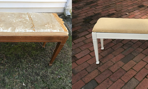 This piano bench is Painted with Annie Sloan Chalk Paint is a soft white and sealed with clear wax for protection. The hinged seat has been reupholstered with a gold damask fabric.