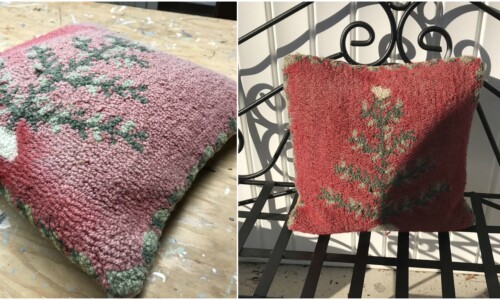 Before: Wool hand-hooked pillow. Faded from the sun. After: Applied Annie Sloan Chalk Paint in Emperors Silk (red) to restore the original color.