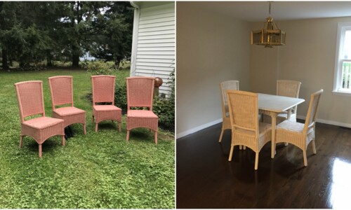 Vintage rattan table and parsons chairs painted with Annie Sloan Chalk Paint in 50/50 Pure White and Olde White, sealed with lacquer finish.