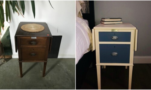 Antique sewing table painted with Annie Sloan Chalk Paint in Old White and Old Violet and sealed with clear wax. Original hardware has been refreshed with pewter metallic wax.