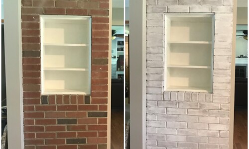 This kitchen renovation was designed to provide a more modern neutral look with white cabinets, distressed plank flooring and black, gray, and white granite countertops. The brick wall is a key feature but the natural brick was too heavy and red. This wall was white-washed with Annie Sloan chalk paint which brings out the texture and varying shades of the brick underneath.