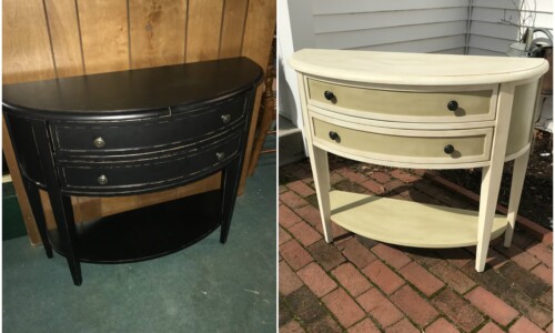 This black Demilune half moon table was repurposed for a good friend who is moving to Florida. The new home has a more neutral tone and this piece will function as a hallway entry table. Restyled and refreshed! This beauty has been painted in a two-tone effect with Annie Sloan Chalk Paint in Off-White and Versailles with a dark glaze and sealed with a clear wax for protection. Ready for its new home!