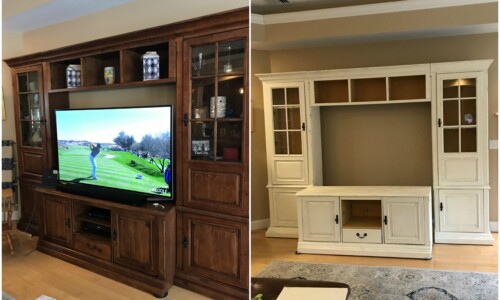 This four-piece media center with a dark stain was painted with Annie Sloan Chalk Paint in Off-White on the exterior, and the interior was painted with Annie Sloan Chalk Paint in Arles (gold/yellow). It was lightly distressed and sealed with wax and topcoat sealer for protection.