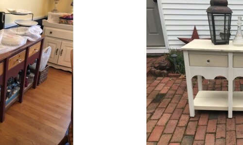Before: This country style pine and painted side table has great details such as arched apron, and lower shelf with planked farmhouse pine board. The barn red paint popular in the 80’s, is ready for a fresh look with cottage style vibe. After: To bring out the curved arches to create a cottage style look, the table was painted with Annie Sloan Chalk Paint in colors Original White and Old Ochre, and sealed with a clear lacquer for protection and durability. Glass knobs add a touch of sparkle and keep the piece light and bright.