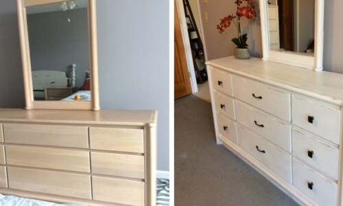 Before and after work on a modern oak dresser painted with Annie Sloan Chalk Paint in Pure White and Paris Grey, distressed with clear wax. Restyled bedroom set and added hardware in bronze. Great new look.