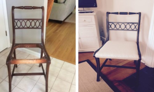 Before and after work on a vintage chair painted Graphite and French gold wax accents. Add this to any room.