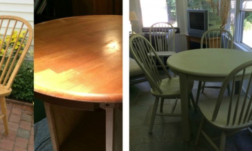Before & after of a 1980s oak table and chairs restyled with Annie Sloan Chalk Paint in Versailles sealed with white wax.