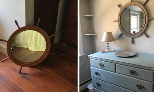 Cape Cod- Before & After. The cottage master bedroom furniture was feeling a bit tired. Refreshed the walls with Ben Moore Revere Pewter, and custom mixed Svenska and Duck Egg Blue chalk paint by Annie Sloan, for a coastal feel. Coastal bedroom before and after with nautical wheel mirror