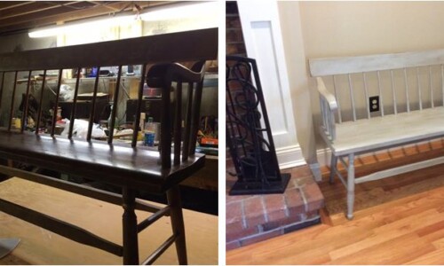 Before and after work on Deacon's Bench painted Paris Grey distressed with dark wax finish. Preserve those family pieces and give it a new life.