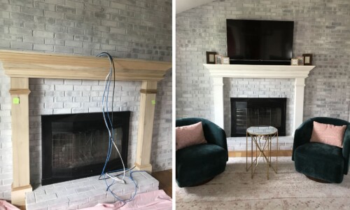 A BLANK CANVAS! The brick wall with a vaulted ceiling is the statement in this living room, which was previously white washed. To update the interior a new mantle was installed and painted a soft white and lightly paint distressed with grey tones as seen in the brick. The pink blush accents in the pillows and rug pickup the same tones in the brick as well. the Thank you Interior Designer Kerry Shorrock of Crystal Barn Interiors for the opportunity to work together once again. The room looks amazing!