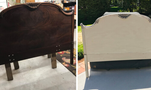 Before: Antique cherry headboard was a third generation piece to be used to stage a guest bedroom. The character and detail is amazing.
After: This beauty has been painted a warm grey, lightly distressed and sealed with clear wax for protection. Just add white bedding with this piece for a modern Farmhouse vibe. cherry headboard painted a warm white before and after