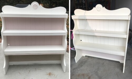 Kids Rooms! More than just a place to sleep, these spaces house toys and electronics and, of course , provide areas to work and play. Select furniture to grow on. They won’t stay small forever, so this 3 tiered desk shelf was restyled and placed over the dresser. The piece was refreshed with Pure White and Antoinette by Annie Sloan. The bottom is a cork board to pin artwork and pictures that hold special memories.