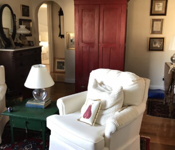 Antique Armoire painted with Annie Sloan Chalk Paint in Emperors Silk sealed with clear and dark wax. Original hardware has been refinished with European Gold metallic wax.