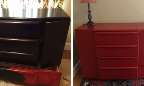 Before and after work on a vintage dresser painted with Annie Sloan Chalk Paint in Emperor's Silk and clear wax finish.