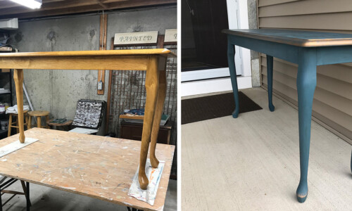 Before: Light oak sofa/ entry table
After: This entry hall table needed a pop of color to blend with the interior, rugs and craftsman’s design style. Unfortunately, due to Covid exterior photos was our only option. Painted Aubusson Blue, accented with warm metallic wax elevates this table with a touch of glamour. light oak sofa table painted blue and warm metallic before and after comparison