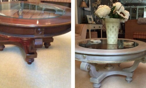 Glass top accent table restyled with Annie Sloan Chalk Paint in Coco and Arles color wash, finished effects clear and dark waxes. Corner embellishments finished with Versailles & Duck Egg Blue and finished with gold metallic wax