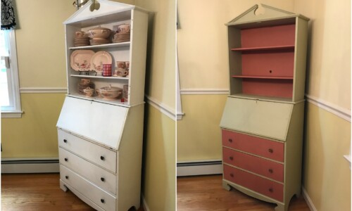 Two-tone dining room corner hutch painted with Annie Sloan Chalk Paint in Versailles and Scandinavian Pink, sealed with clear wax.