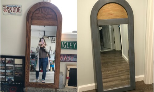Late 1970's oak bedroom dresser mirror that was repurposed for a hallway accent piece. Exterior Painted with Annie Sloan Chalk Paint in Old Violet, half moon panel painted in Coco, French Linen, and layered with metallic waxes. Sealed with clear and dark wax.