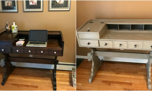This vintage pine desk was purchased at the Brimfield Flea Market. Family room desk painted with Annie Sloan Chalk Paint in French Linen, sealed with clear and dark wax. New hardware glass and bronze pulls transform this piece for a more modern look.