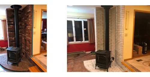 Before: This kitty corner brick wall acted as a surround for this gas stove. With a redecorating project scheduled for the spring, Phase 1 was To white-wash these two walls to add a neutral feel with the stove. Walls in this home will painted in neutral gray tones. After: The White-wash effect adds softness, texture and is a feature all in the mud room/kitchen offers the perfect design element.