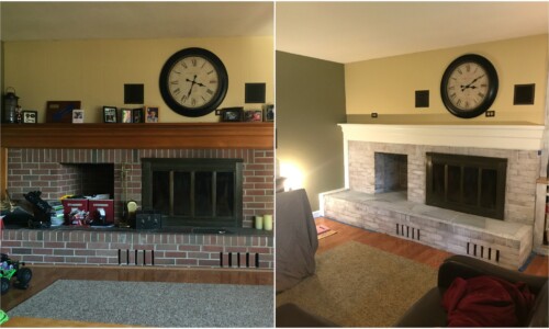 Brick has been transformed using a white-wash effect with Annie Sloan Chalk Paint. Mantle was painted with Annie Sloan Chalk Paint in Pure White. before-after-fireplace