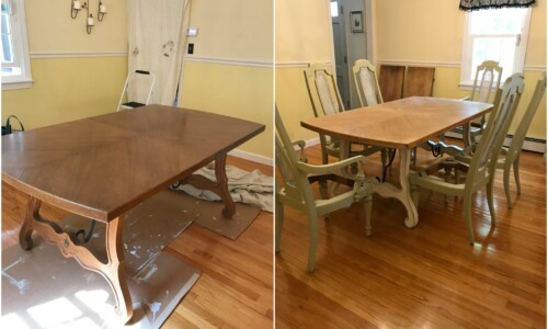 The surface of this 1970s trestle table with wrought iron base was sanded and stained in a natural finish. Base is painted with Annie Sloan Chalk Paint in Old White, sealed with clear wax and lightly distressed. Chairs are painted with Annie Sloan Chalk Paint in Versailles and sealed with clear lacquer finish.