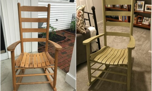 Bentwood oak rocking chair given to my client by her mother when her daughter was born. Repurposed this rocking chair for the next generation, my client's daughter and granddaughter. Painted with Annie Sloan Chalk Paint in Versailles sealed with clear and dark wax and lightly distressed.