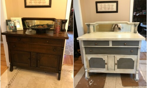 This piece is an antique sideboard that was a client's grandparents. Very functional piece for any room. Two-tone effect on this piece for a modern look. Painted with Annie Sloan Chalk Paint in Coco, French Linen, and Pure White, sealed with clear and dark wax and lightly distressed. Original wooden knobs have been updated with bronze and gold metallic wax.