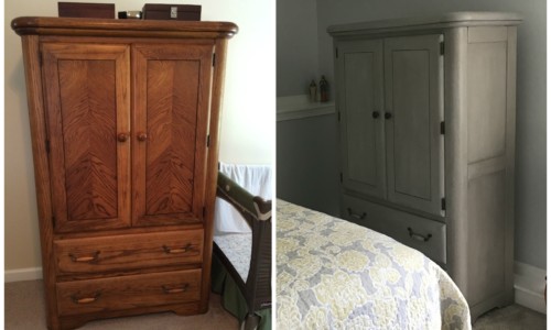 Bedroom armoire painted with Annie Sloan Chalkpaint in French Linen with light white-wash finish effect. Sealed with clear wax for protection.