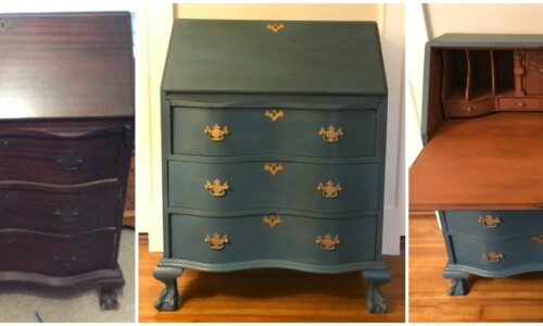 Antique mahogany secretary desk painted with Annie Sloan Chalk Paint in Aubusson Blue (exterior) and custom mix burnt orange (interior). Sealed with clear and dark wax for protection. Original hardware has been repurposed with colored wax technique.