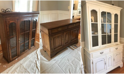 The hutch was custom painted for a customer. Painted with chalk paint in Olde White and interior accent in French Linen. Lightly distressed and sealed with a clear wax. Original hardware is paint distressed with metallic waxes for a shabby chic look.